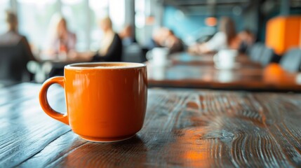 Closeup of an orange coffee mug on a wooden table in a busy cafe with blurred background