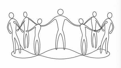 Stylized continuous line drawing illustration of connected human figures forming a unity circle, symbolizing teamwork, community, and togetherness in a minimalist design.