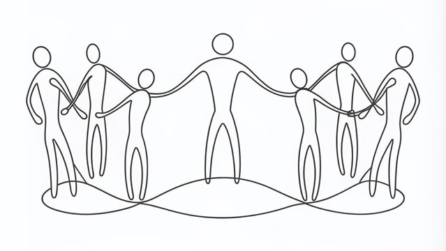 Stylized continuous line drawing illustration of connected human figures forming a unity circle, symbolizing teamwork, community, and togetherness in a minimalist design.