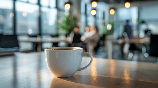 Blurred background of an office space with a white coffee cup in focus on a wooden table