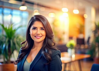 Vibrant, blurred office background with Latina-inspired decor, warm lighting, and subtle desk details, conveying a sense of professional, approachable, and confident business atmosphere.