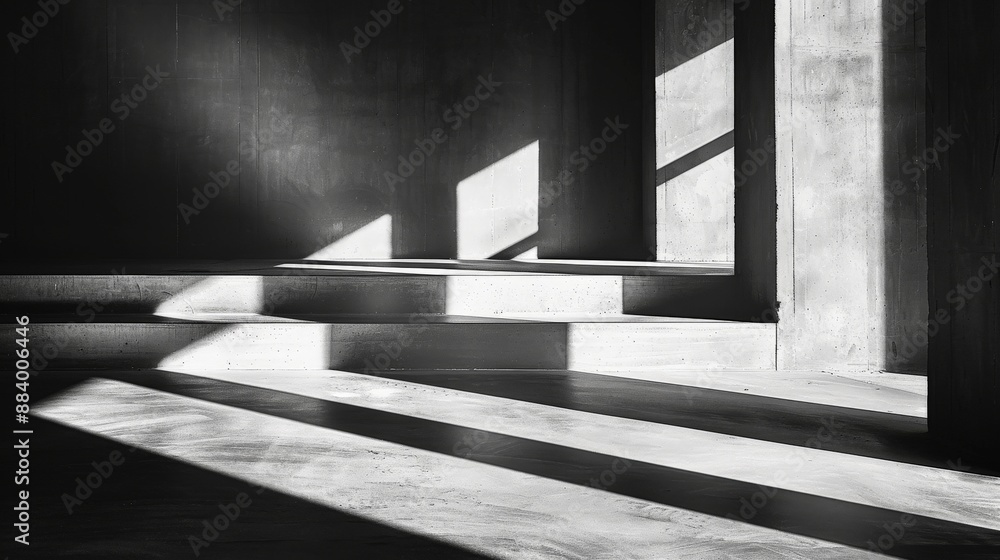 Poster light streams through windows, casting long shadows on steps and concrete