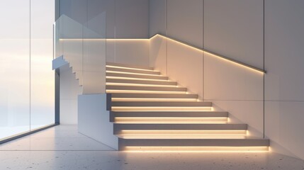 Fototapeta premium A contemporary staircase with ambient under-step lighting and a sleek handrail