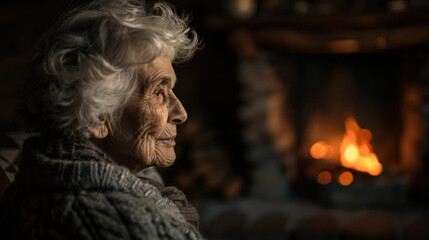 A portrait of an elderly woman, serene expression, side profile, in a cozy, warmly lit room