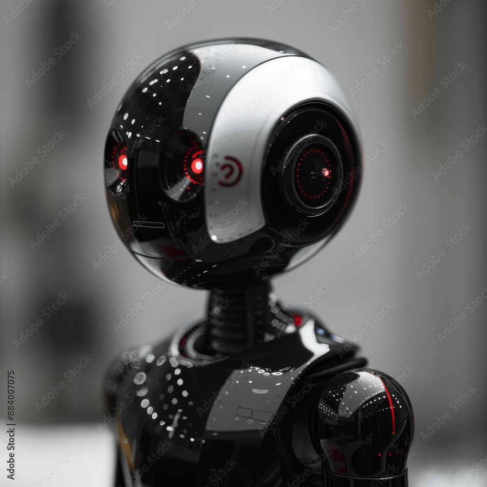 Poster a futuristic environment features a black and white robot with red eyes. it is sophisticated and sle