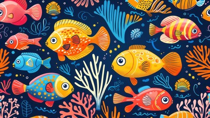 Naklejka premium Colorful Tropical Fish and Coral Seamless Pattern