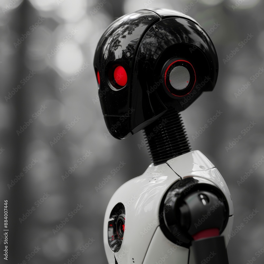 Poster robotic figure with illuminated red eyes in monochrome urban background, showcasing advanced ai tech
