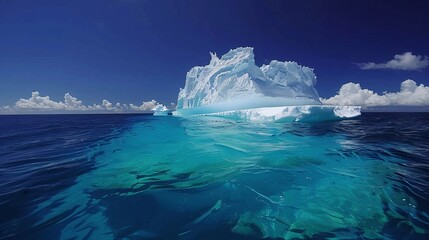 Undersea Iceberg in Clear Blue Water, Emphasizing Natural Beauty, Depth, and Environmental Awareness, Ideal for Illustrating Marine Ecosystems and Hidden Wonders of Nature