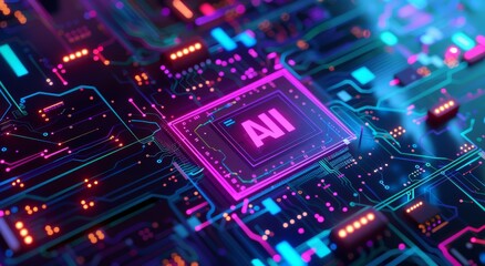 Obraz premium glowing AI logo on the surface of an advanced chip, surrounded by blue and purple digital patterns