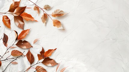 Earthy tones on a white background with lines imitating natural elements such as leaves and branches. Bright background with delicate leaves, twigs and space for text.