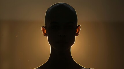 Silhouette of a person with a shaved head against a soft, unfocused background with gentle backlighting, creating a dramatic and serene atmosphere.