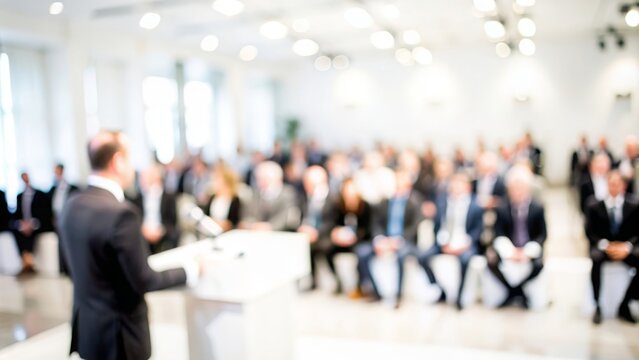 Ceremony Event Blur - Blurred background of a formal ceremony or award presentation with podium and attendees.
