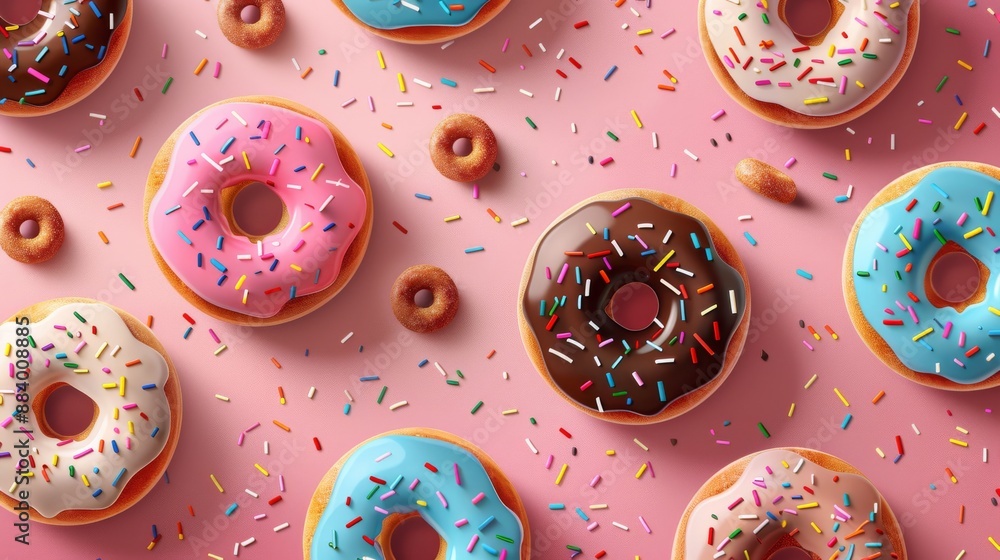 Poster scrumptious display of assorted donuts with colorful sprinkles on pink background