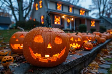 The Halloween pumpkins symbol is in the middle of an autumn street. Generative AI