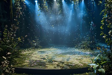 Fototapeta premium An empty stage in an enchanted forest, with bioluminescent plants, a glowing moss-covered floor, and twinkling lights resembling fireflies. 