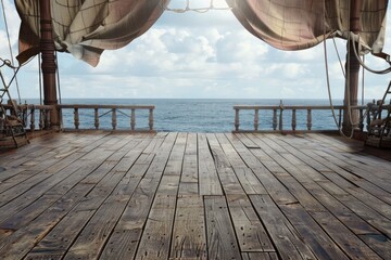Fototapeta premium An empty stage on a pirate ship deck, with wooden planks, tattered sails billowing above, and the ocean horizon in the background. 