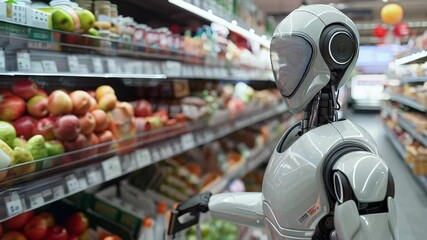 Robot helper shopping for fresh produce in a grocery store - Powered by Adobe