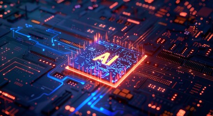 Obraz premium glowing AI logo on the surface of an advanced chip, surrounded by blue and purple digital patterns