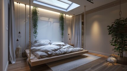 A modern bedroom with a hanging bed and a skylight