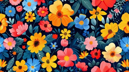 Obraz premium Seamless pattern with colorful hand-drawn flowers on a dark blue background