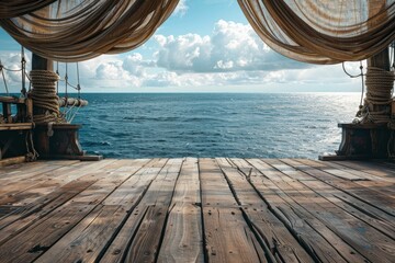 An empty stage on a pirate ship deck, with wooden planks, tattered sails billowing above, and the ocean horizon in the background. 