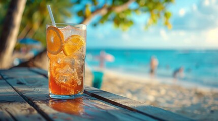 Tropical beach paradise with refreshing orange soda drink