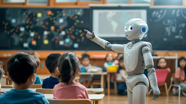 Robot teaching a class of young students in a classroom
