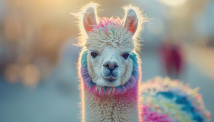 Fototapeta premium A close-up of a colorful alpaca with rainbow fur, standing outdoors in soft, warm sunlight. Perfect for art and nature themes.