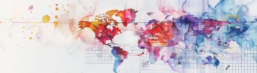 Naklejka premium A visually striking global watercolor map adorned with overlaid digital analysis data