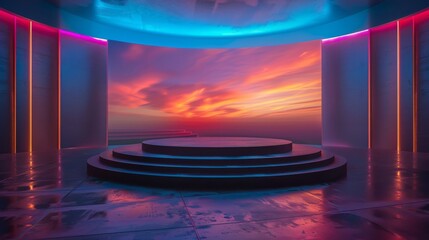 Futuristic stage with sunset backdrop