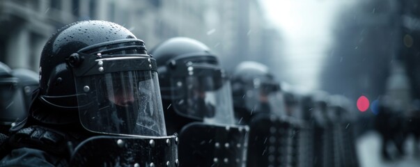 A line of riot police officers equipped with helmets and shields are standing outdoors in a formation on a foggy day.
