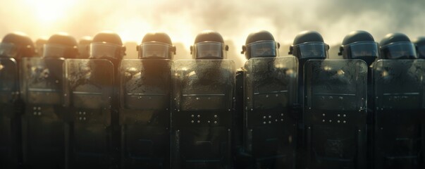 A line of riot police officers in full gear standing in formation as the sun sets, creating a dramatic and intense atmosphere.