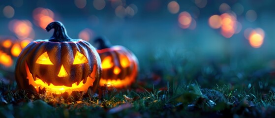 Fototapeta premium Glowing Jack O Lantern On Grass. A brightly lit jack o lantern with a carved face sits on the grass, surrounded by a bokeh of orange lights in the background.
