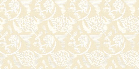 Modern white on cream lace effect wedding border texture. Soft tonal linen openwork block print with subtle hand drawn lattice damask printed fabric banner edge trim. 