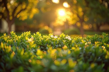 Fototapeta premium Close-up of green foliage and white flowers bathed in warm afternoon sunlight