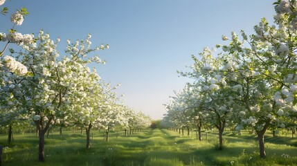 Fototapeta premium Orchard in full bloom with rows of flowering trees under a clear blue sky, providing a fresh and rejuvenating background. 