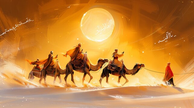 illustration of a Hijri new year, camels crossing desert under islamic caligraphy , surrounded by white islamic ornaments, , a man from behind looking to the camels and waving with giantic palm tree b