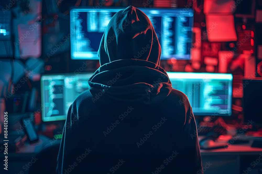 Poster top rear view of a computer hacker