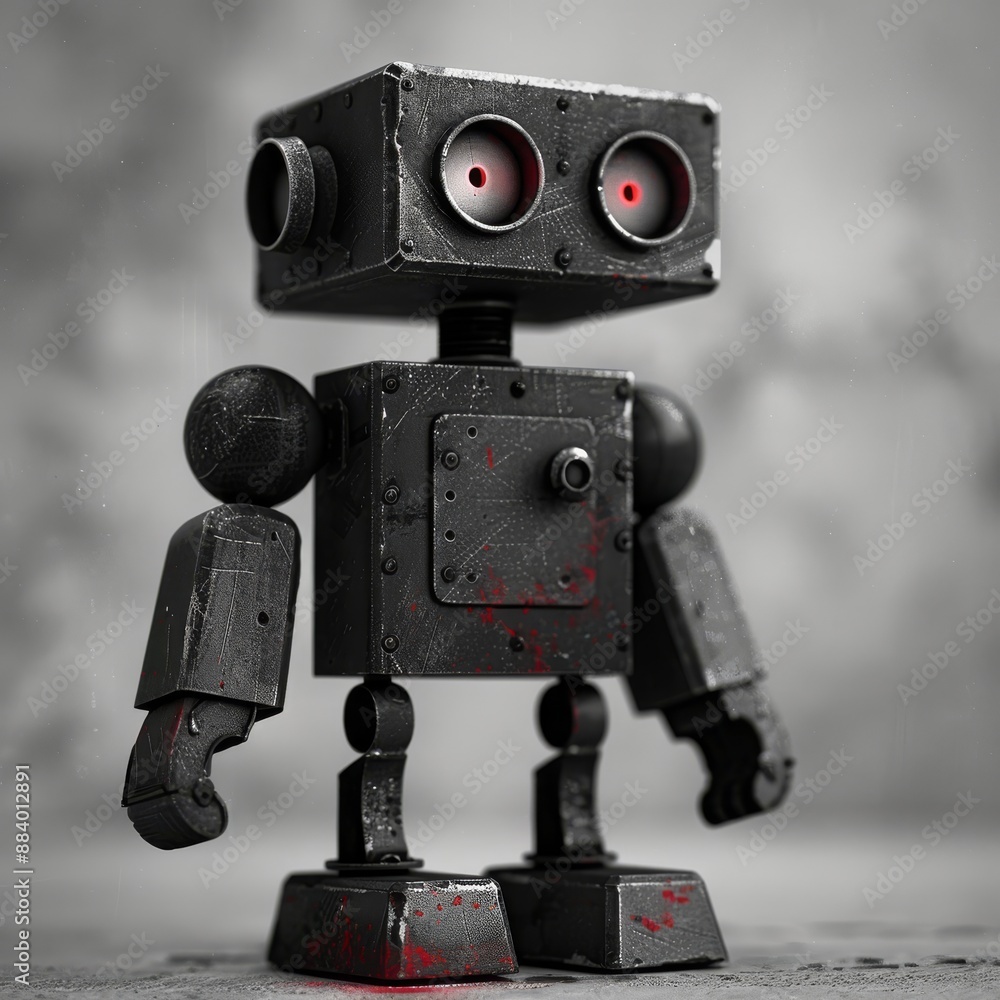 Poster a retrostyle robot is depicted standing in a dimly lit industrial setting with a brick wall in the b