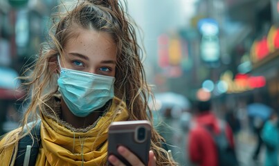 A millennial girl wearing a face mask sits in the city, using her mobile smart phone outdoors. This female student holds her phone outside school, representing the new normal and technology concept.