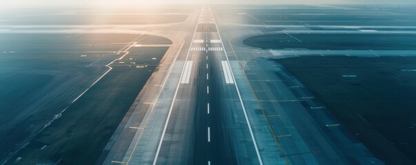 Aerial view of a long airport runway at sunrise, with a dramatic sky and misty surroundings.