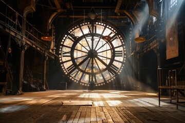 An empty stage set inside a giant clock tower, with enormous clock gears, a metal-grate floor, and shafts of light streaming through the clock face. 