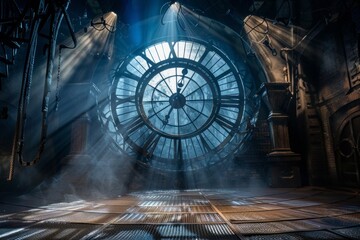 An empty stage set inside a giant clock tower, with enormous clock gears, a metal-grate floor, and shafts of light streaming through the clock face. 