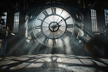 An empty stage set inside a giant clock tower, with enormous clock gears, a metal-grate floor, and shafts of light streaming through the clock face. 