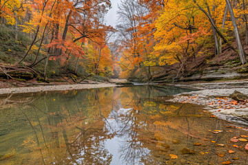 Vibrant Autumn Riverbank Scene with Colorful Foliage, Orange Red and Yellow Trees and Leaves, Serene Water Reflections, and Stunning Nature Photography in a Picturesque Landscape