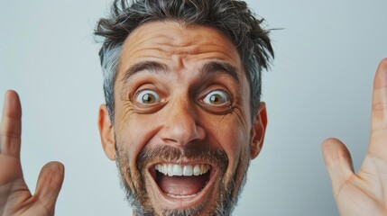 Bearded man with wild hair and funny expression on his face