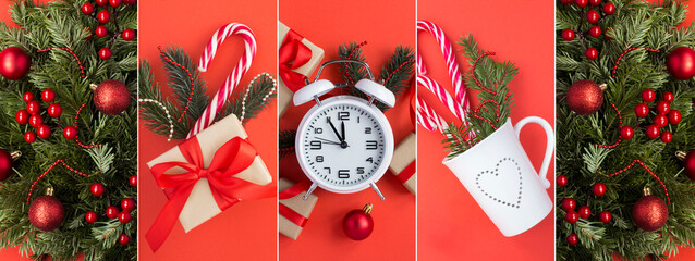 Christmas collage on the red background. Close-up.