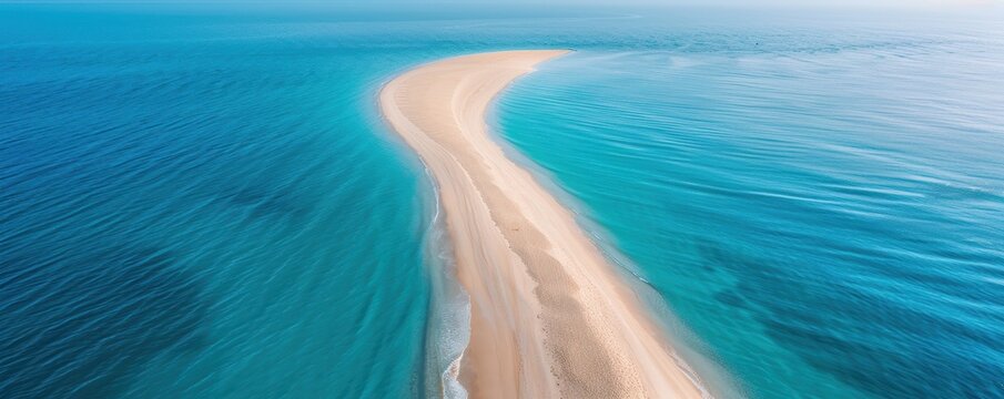Aerial view of a stunning sandbar surrounded by clear turquoise waters, curving gently into the distance under a bright blue sky. - Powered by Adobe