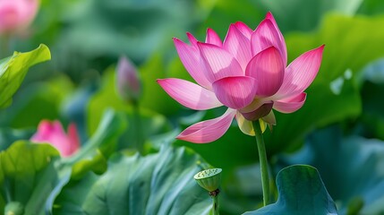 Obraz premium Delicate pink lotus flower blooms amongst lush green foliage a symbol of purity and tranquility. Ai generated