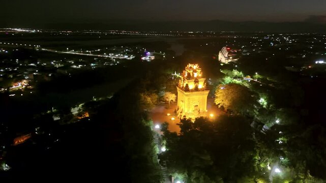 Aerial view of Nhan temple, tower is an artistic architectural work of Champa people in Tuy Hoa city, Phu Yen province, Vietnam. Sunset view. Travel and landscape concept